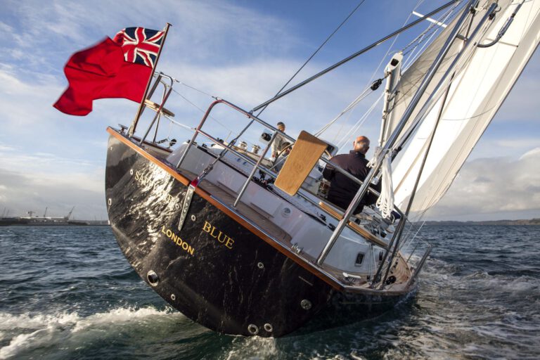 Rustler 44 sailing, stern view